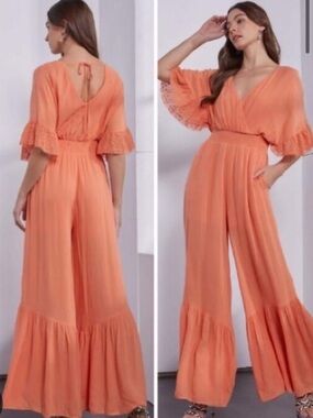 Mustard Seed Coral V-Neck Wide-Leg Jumpsuit with Lace Sleeves